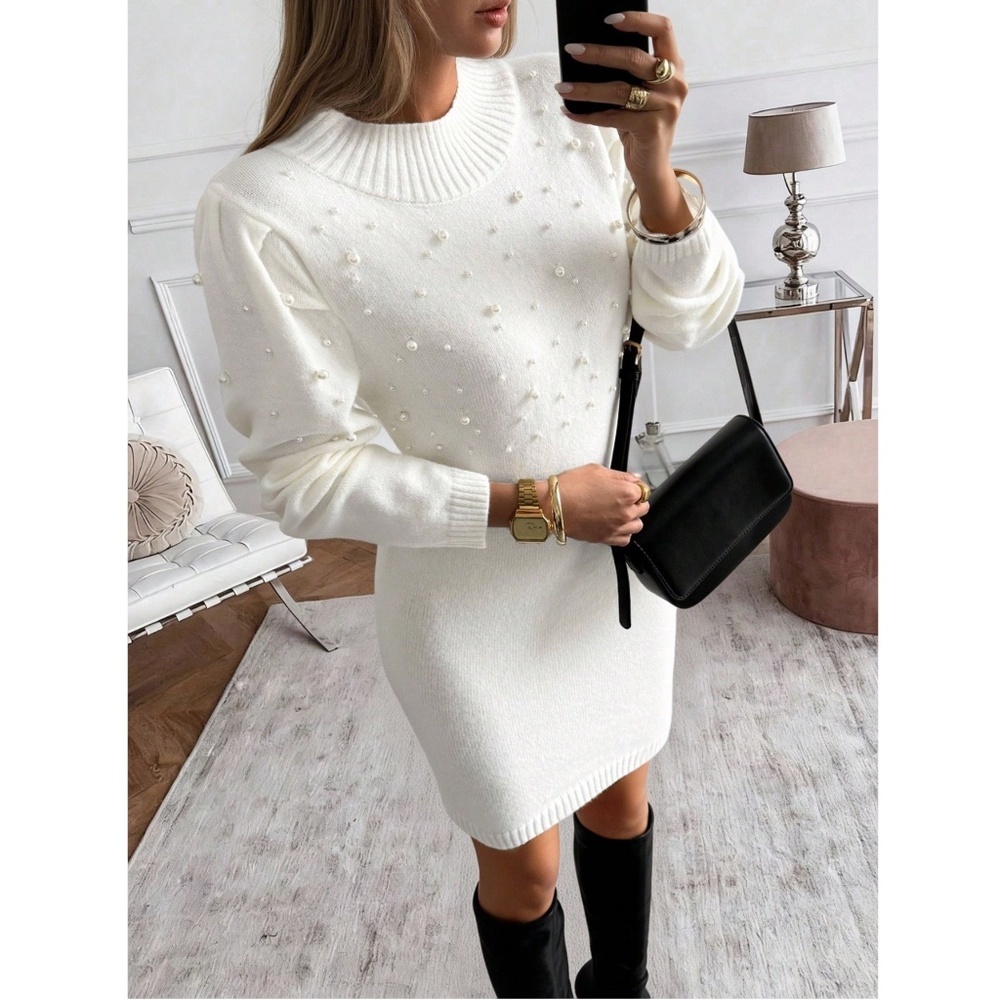 White Sweater Short Mini Dress Faux Pearl Embellished Long Sleeve - Picture 8 of 11